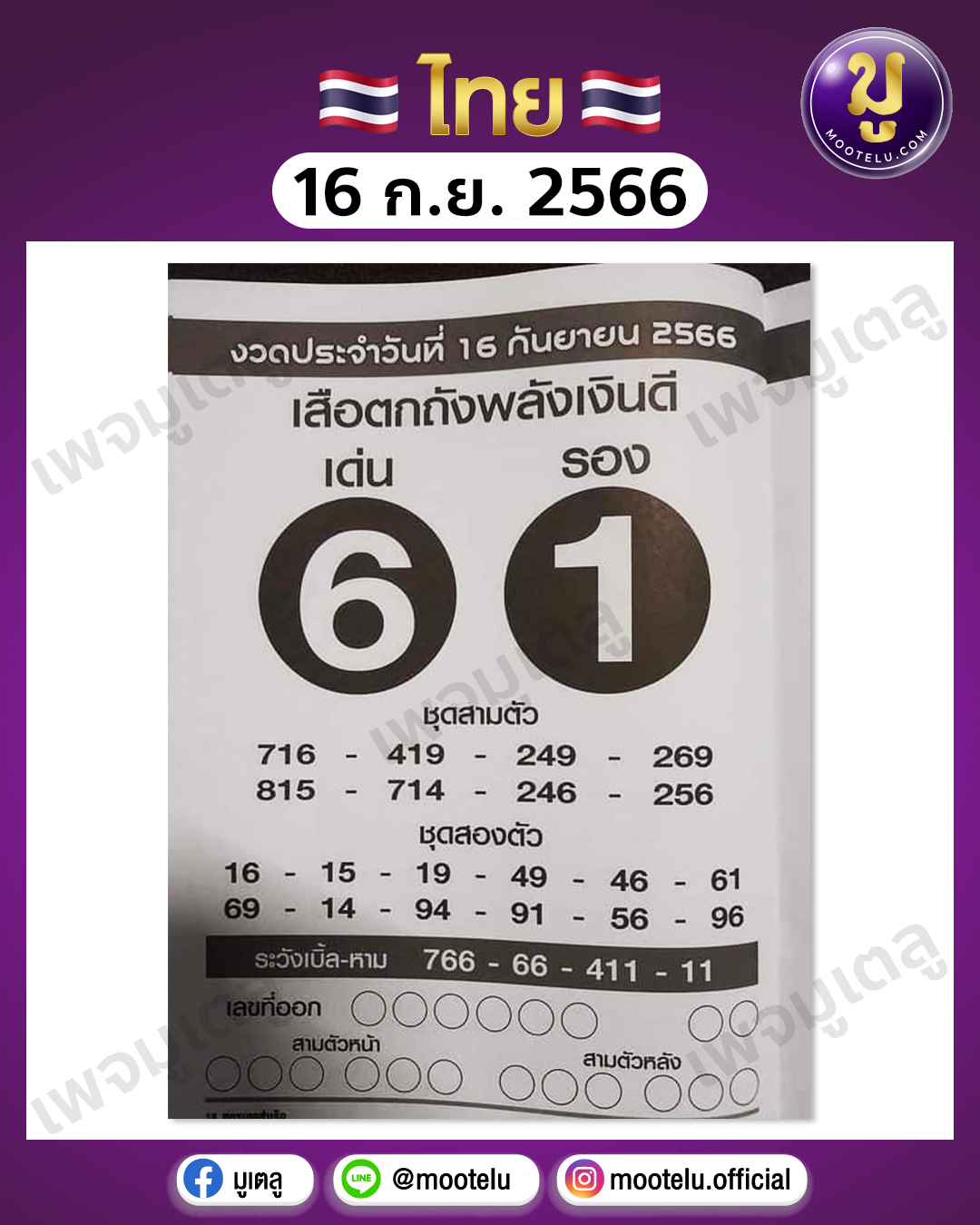 หวยเสือตกถังพลังเงินดี 16-9-66 