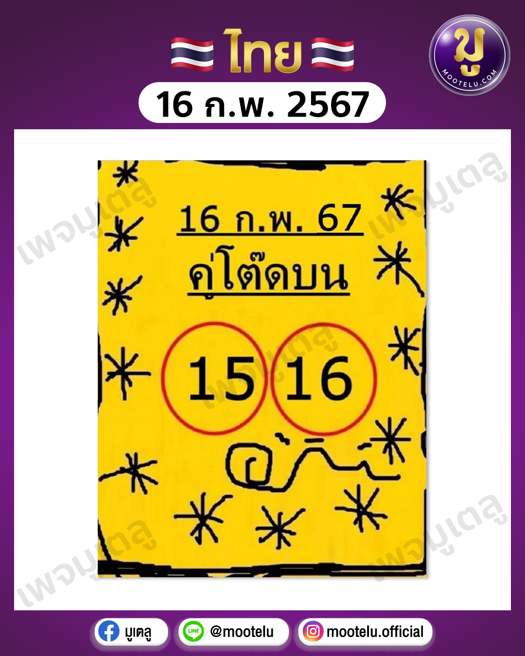 หวยคู่โต๊ดบน 16-2-67 