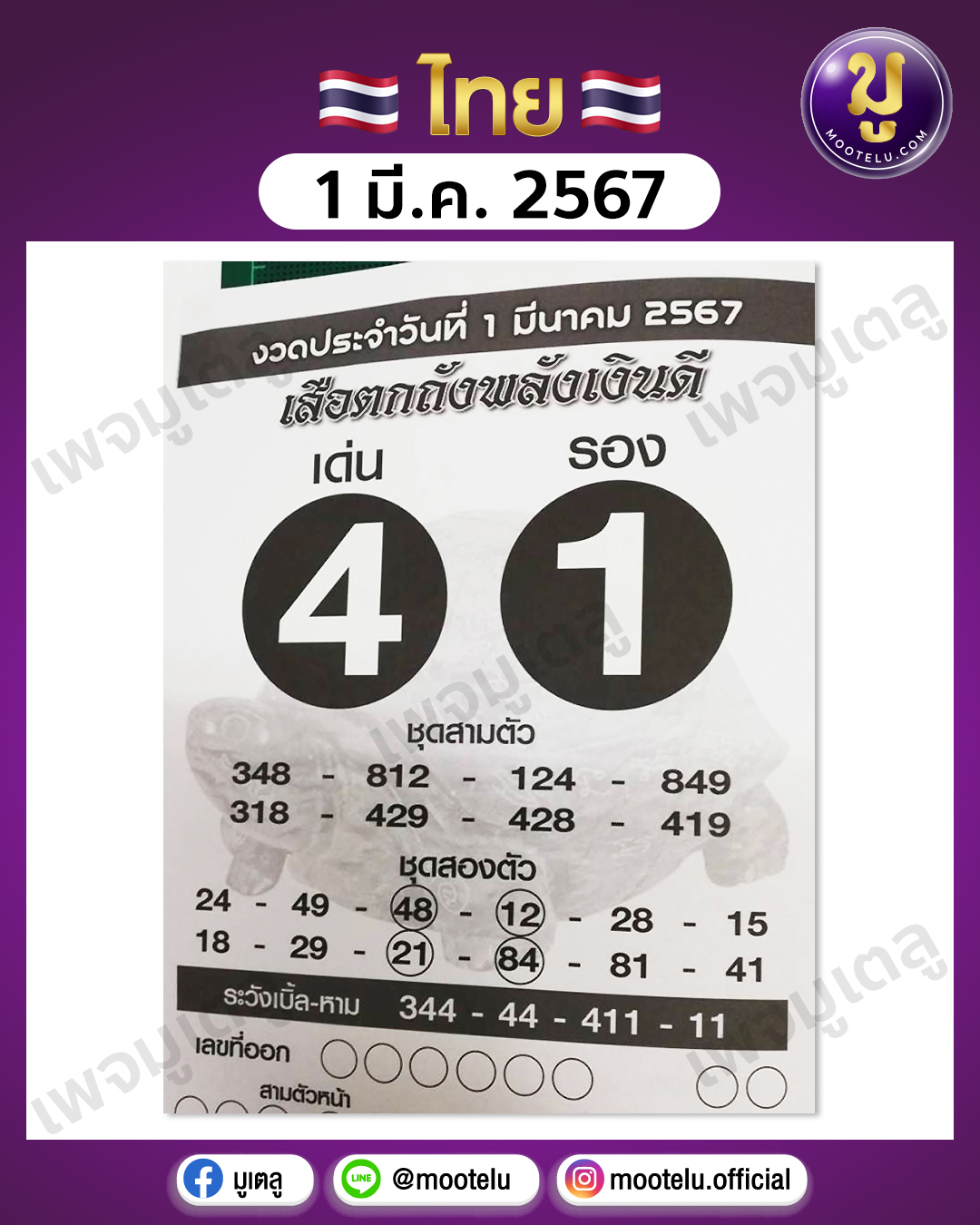 หวยเสือตกถังพลังเงินดี 1-3-67 