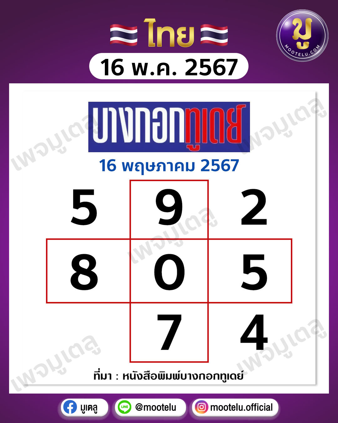 หวยบางกอกทูเดย์ 16-5-67 