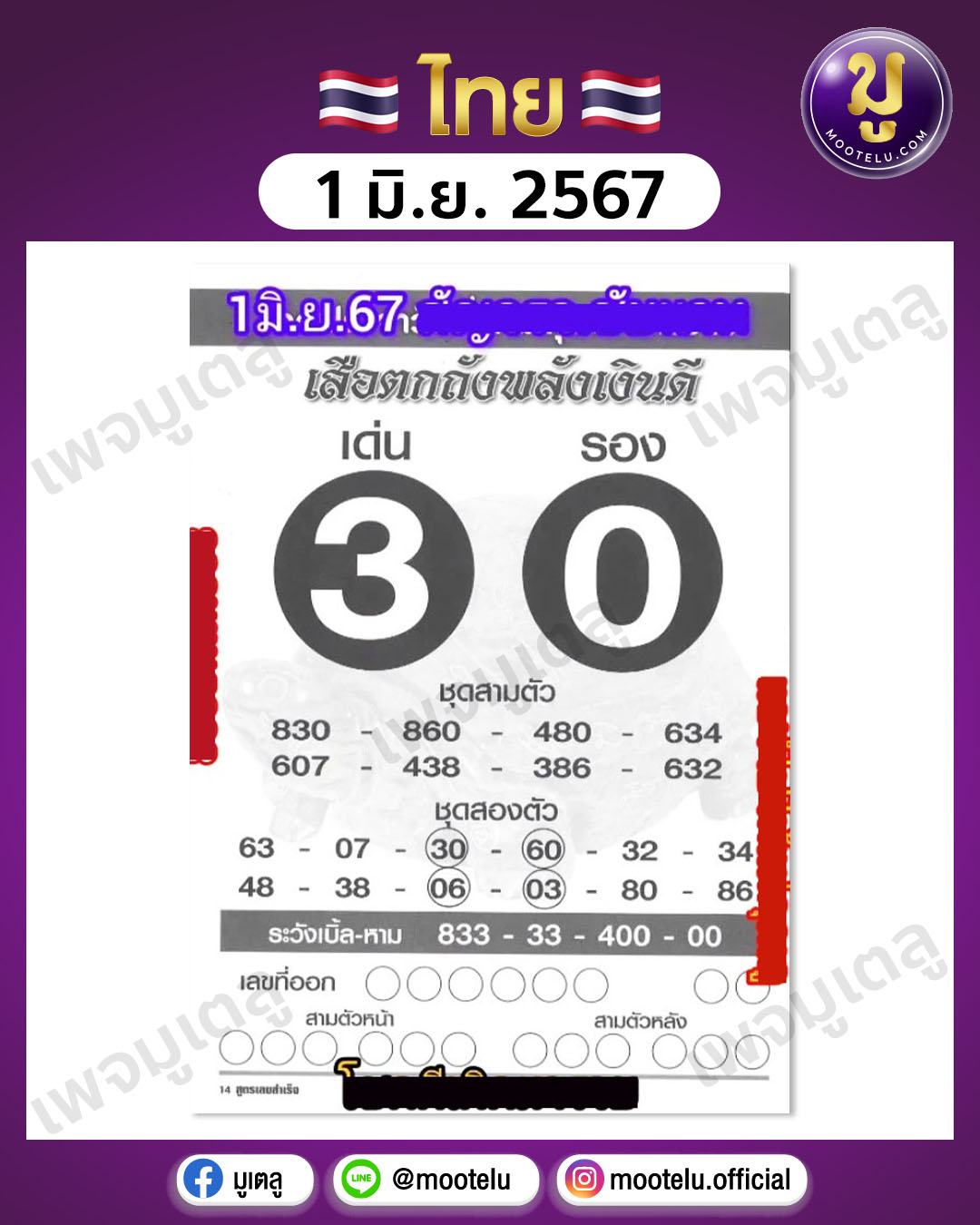 หวยเสือตกถังพลังเงินดี 1-6-67 